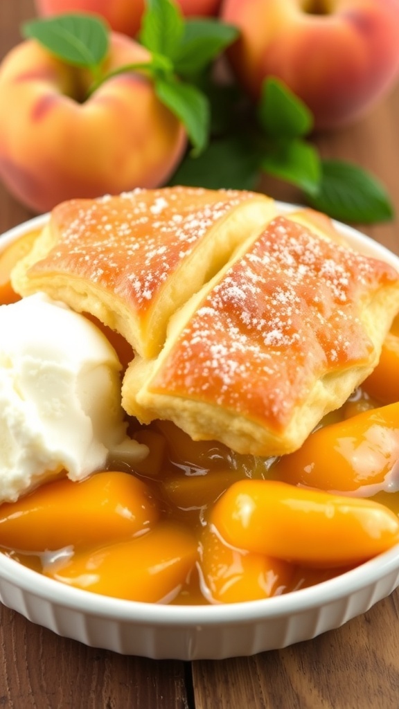 Golden brown two crust peach cobbler with vanilla ice cream, fresh peaches on a rustic table.